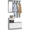 HOMCOM Set Mobili Ingresso Moderno con Scarpiera e Specchio, Appendiabiti da Ingresso con 6 Ganci, 2 Ripiani Regolabili e Cassetti in Legno per Corridoio, 90x10x91 cm, Bianco e Grigio Scuro