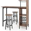 LIFEZEAL Set Tavolo e 2 Sgabelli da Bar,Bancone e 2 Sedie da Pranzo,Porta Bottiglie da Vino,Porta Calici,4 Ripiani,Salvaspazio,Cucina,Soggiorno,Ristorante,Legno e Metallo (caffè),120 x 40 x 121,5 cm