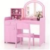 LIFEZEAL Specchiera Trucco Bambina con Luci a Led, Toeletta con Sedia, Postazione con Cassetto e Scaffale, Tavolo per Bambina 3 Anni + (Rosa)