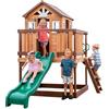 Backyard Discovery Echo Heights Casetta per bambini in legno con scivolo verde, cucina gioco, sabbiera e veranda | Casa da gioco per giardino/all'aperto in marrone | Casetta in Legno per Bambini