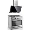 Gurari GCH E 818 X - Fornello elettrico a gas in acciaio inox, 90 cm, 126 l, gas naturale, 4 Kw WOK, autopulente + cappa aspirante AT9430 F, 90 cm