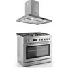Gurari GCH E 818 X - Fornello elettrico a gas in acciaio inox, 90 cm, 126 l, gas naturale, 4 Kw WOK, autopulente + cappa aspirante 90 cm, CH 5001, 1000 m³/h