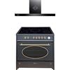 GURARI GCH E 912 BL + GCH F 462 BL 9 Prime, fornello retrò 90 cm, Range Coocker 121 L, nero + cappa aspirante, cappa da parete 90 cm, nero, scarico/ricircolo, cappa a pannello piatto