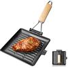 Jinfanshurich Padella in ghisa, 20 x 20 cm, padella a induzione con manico pieghevole in legno, piastra quadrata per tutte le fonti di calore, robusta griglia per bistecche, verdure e pesce, facile da usare