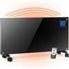 TRINITI Stufa Elettrica Basso Consumo Termostato, Potenza Regolabile, Elegante VETRO TEMPERATO, Display LED, Timer, Silenzioso, Sistema Protezione Sicurezza Multiplo, Ruote + Montaggio a Parete NERO