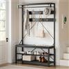Garvee Appendiabiti da Terra con Scarpiera 3-in-1, Mobile Ingresso con Panca e Asta Appendiabiti, Attaccapanni Industriale con 8 Ganci, Struttura in Metallo, 101,5x40x182,8 cm, Nero
