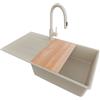 PRIMAGRAN Lavandino da Cucina Tutto Beige 90x50cm, Lavello in Granito a 1 vasca + Rubinetto 40x20cm + Set di accessori, Lavabo da Cucina Incasso al Mobile 60cm - Copenhagen Top S740