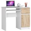 AKORD | Scrivania con Ripiano per Tastiera | Office Desk | Cassetto e Armadietto Sul Lato Destro | Scrittoio per Ufficio | Per Computer PC Laptop | 90x77x50 cm | 30 kg Bianco/Rovere Sonoma