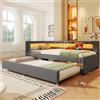 Lubvtti Divano letto 90×200 cm, testiera a L con striscia luminosa a LED, Divano letto con letto estraibile 90×190, Letto singolo con porta USB, Tessuto in lino, Grigio (materasso non incluso)