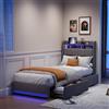 Syeklaoo Letto singolo imbottito 90x200 cm con 2 cassetti,Letto baule con LED e USB,letto per ragazzi con vano contenitore e rete a doghe, testiera imbottita con spazio di archiviazione (Grigio Lino)