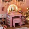 MSFE Toeletta Trucco Bambina 3 in 1, Postazione Trucco con luci LED a 3 Colori Specchiera per Ragazza in Legno con Spazi Contenitivi Toeletta per Bambini con Specchio, Sgabello per 8 Anni+ 40*80*102CM,Rosa