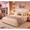 MIOOSUT Letto baule 140 x 190 cm, letto matrimoniale con ripostiglio, design a righe verticali, letto imbottito idraulico, tessuto vellutato, per adulti e adolescenti, senza materasso (beige A, 140 x