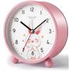 Zonopy - Sveglia per bambini, silenziosa, senza ticchettio, orologio analogico con coniglietto, orologio di apprendimento per principianti scolastici, orologio rotondo in metallo rosa elegante, facile