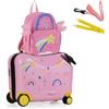 COSTWAY Valigia Cavalcabile per Bambini, 18 Valigia+ 12 Zaino,2 Pezzi, Trolley Bambini Bagaglio a Mano con Ruote Girevoli e Maniglia Retrattile, 2 Cingie Multiuso (Modello 10)