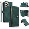 UEEBAI Custodia per iPhone 13 Pro 6.1, 9 slot per schede Retro Leather Wallet Flip Cover con cinturino per mano Slot per carte con cerniera Tasca Cavalletto Borsa Chiusura magnetica - Vintage Verde