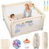 eSynic Box Bambini 120x120 cm con Materassino Lavabile, Recinto per Neonati Modulare Pieghevole con Cestino da Basket e Pallini, Playpen Giochi per Bimbo Portatile da Viaggio con Rete Visibile - Beige