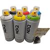 PROGAL COLORS NBQ Pro - Set di 6 flaconi spray spray originale BASIC H2O 6 x 400 ml + 3 diffusori, vernice spray a base d'acqua - basso odore - GRAFFITI MURALISME