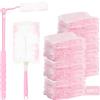 FDKene 60 Pezzi Piumini Cattura Polvere Compatibile con Swiffer Duster, Ricariche Spolverino Usa e Getta con Manico e Manico Telescopico, Kit per Intrappolare Polvere Sporco e Capelli(Rosa)