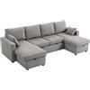 Divano Letto Moderno A U Con 2 Chaise Longue E Vani Contenitore, Velluto A Coste, 282x140x86 Cm, Grigio