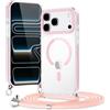 Kilbnom Magnetica Cover per iPhone 17 Pro max con Cordino,[Compatibile con MagSafe] Trasparente Custodia con Laccio Collana Tracolla Cellulare, Hard PC Sottile TPU Antiurto Protettiva Case, Rosa