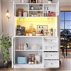 VIVCA Mobile da cucina a buffet, 120 x 40 x 188 cm, stile rustico, 4 ante, con striscia luminosa a LED e porta bevande, bianco.