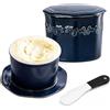 VEGOATY Burriera francese VEGOATY con coltello in ceramica: campana in ceramica da 280 ml per burro fresco e spalmabile, burriera raffreddata ad acqua, regali per amici e mamme - smalto reattivo blu