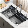 DWiusty Lavello da cucina a cascata in acciaio inossidabile 304 Set di rubinetti con display digitale integrato a fessura singola grande Dispenser di sapone Lavatazze