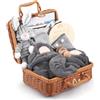 Nastopee Newborn Gift Basket, Set regalo torta di pannolini per bambini - Neutro - Set neonato 9 pezzi con peluche a forma di coniglietto grigio e sonaglio in legno - Regalo di nascita in scatola