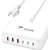 Aione Caricatore Multiplo 100W 6-Porto, Stazione di Ricarica GaN PD & QC 3.0, Alimentatore USB C per iPhone 16 15 12 11 Samsung Pixel MacBook iPad