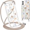 Krdvekm Cordino Cover per iPhone 12 Pro / 12 6,1'', Aesthetic Fiori Motivo Disegno Magnetica Trasparente PC Compatibile con MagSafe Case Corda Laccio Antiurto Protettiva Custodia per Ragazze, Marrone