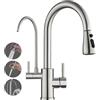 ROVOGO Rubinetto miscelatore monoblocco per lavello da cucina con doccetta estraibile, 3 vie con 2 maniglie per acqua calda, fredda e potabile, in acciaio inox spazzolato, girevole a 360°, beccuccio C