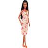 Barbie - Bambola Fashionistas n. 233 con capelli neri, abito midi rosa e arancione a scacchi con fiori, collana e sandali, giocattolo per bambini, 3+ anni, HYT91