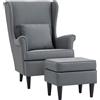 Poltrona Per Salotto In Tessuto Con Pouf Poggiapiedi, Schienale Alto E Cuscino, 75x83x104 Cm, Grigio