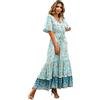 R.Vivimos Abito Boho Estivo Donna Abito Sexy Scollo a V Bottoni Manica Corta Vestito Elegante con Volant Orlo Abito Lungo Maxi da Spiaggia Casual per Le Vacanze(M,Blu Turchese-Floreale)