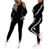 CHICME Completo da donna a tre pezzi, a righe, con canottiere, bomber e pantaloni sportivi, tuta da salotto, nero, Large