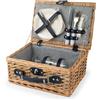 H&H, cestino picnic, set picnic per 2 persone, righe bianche e blu, con piatti, set posate, bicchieri, apribottiglie, dimensioni 36x26x16 cm