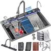 QXSXKJ Nero Lavandino Cucina 1 Vasca multifunzione, Kitchen Sink Moderno Acciaio inox Lavello Cucina Cascata, con Componente Di Drenaggio,Tagliere, Lavatazze, Dispenser di Sapone (80x45x22cm)