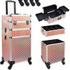 BAKAJI Trolley Make Up 3 in 1 Professionale con Trama Oleografica Triangolare, Beauty Case Estetista Portatile, Valigia Porta Trucchi con Ruote Staccabili, Valigetta Organizer Makeup Viaggio (Oro)
