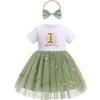 EFOGEP - Vestito per il primo compleanno della bambina con ricamo floreale, a maniche corte, in tulle, stile principessa, con fiocco e fascia per la testa, set per battesimo, festa per la torta, per