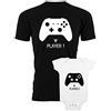 t-shirteria Coppia Tshirt e Body per Uso Giornaliero Padre Figlio Festa del papà Player 1 - Player 2 - Bodi Divertente per Uso diurno