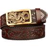 OBASDFD Cintura Da Uomo In Pelle Con Cricchetto, Fibbia Automatica In Oro Con Drago, Stampa Floreale Intagliata Da Cowboy Western, Cinturino Marrone(Dragon-a,120cm/47)