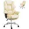HOMCOM Sedia Ufficio Ergonomica con Poggiapiedi, Poltrona Direzionale Reclinabile in Pelle PU, Portata 180kg, Girevole, Schienale Alto, Braccioli Imbottiti Sollevabili, Altezza Regolabile, Crema