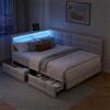 UTTQEW Letto Matrimoniale Imbottito 140x200 con 2 Cassetti, Letto per Ragazzi con LED e USB, Letto Contenitore con Rete a Doghe, Letto per Bambini, Letto Funzionale, Divano Letto, Senza Materasso, Beige A