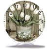 Geroclonup Home Decor Orologio da parete a secchiello con tulipani bianchi Hello Spring 25 cm Orologio da parete rotondo a batteria silenzioso shabby chic decorazione da parete per soggiorno cucina