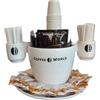Coffee World, Tazzone artigianale con piatto in porcellana porta cialde, capsule, palette, zucchero, bicchierini da caffè, tazzone porta accessori da caffè, bicchierini, palettine e zucchero