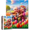 Walarky Puzzle da 1000 pezzi per adulti con campo di tulipani, fiori e coppie anziane romantiche, arte vibrante impegnativa, decorazione per la casa regalo