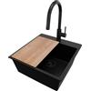 PRIMAGRAN Lavandino da Cucina Tutto Nero 48x50cm, Lavello in Granito a 1 vasca + Rubinetto 40x20cm + Set di accessori, Lavabo da Cucina Incasso al Mobile 50cm - Riga S268
