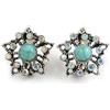 Avalaya Orecchini a clip in cristallo AB turchese con pietra floreale in argento invecchiato/ispirazione vintage, diametro 23 mm