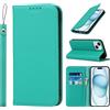Cavor Cover compatibile con iPhone 15 Plus Custodia Con Cordino,Flip Vera Pelle Portafoglio Custodia in pelle Genuine,[4 Porta Carte][Magnetica] - Cielo blu