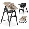 Deryan Newborn - Seggiolone pieghevole in legno, con cintura a 5 punti, regolabile in altezza e pieghevole, con cintura di sicurezza e vassoio, set con bouncer 2 in 1 - Torrone
